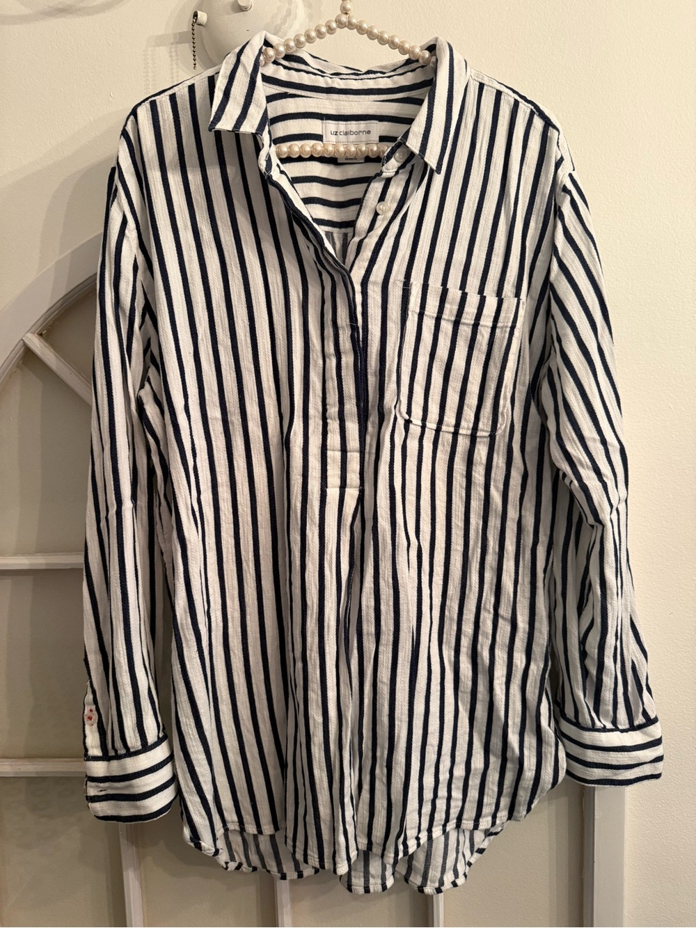 Liz Claiborne Striped Popover Tunic Top | Long Sleeve Textured Coastal Blouse